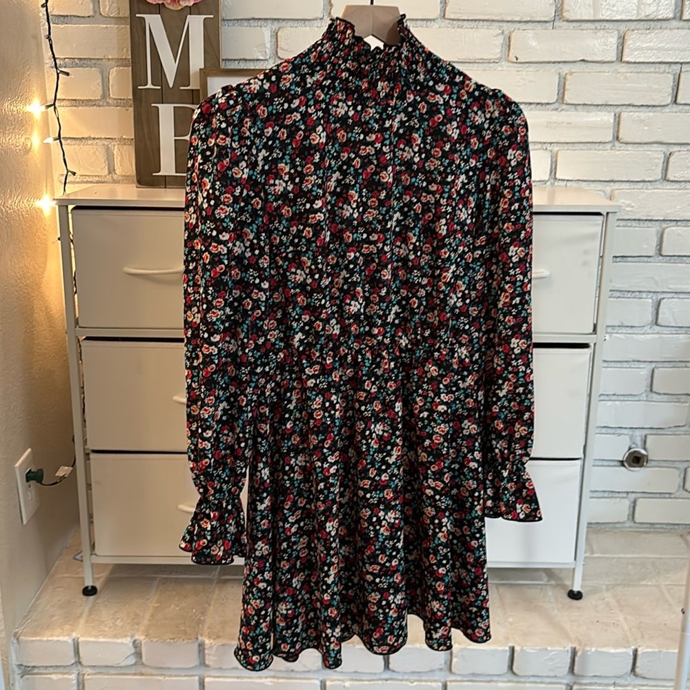 Women’s Floral Turtle Neck Long Sleeve Mini Dress Cinched at the Waist